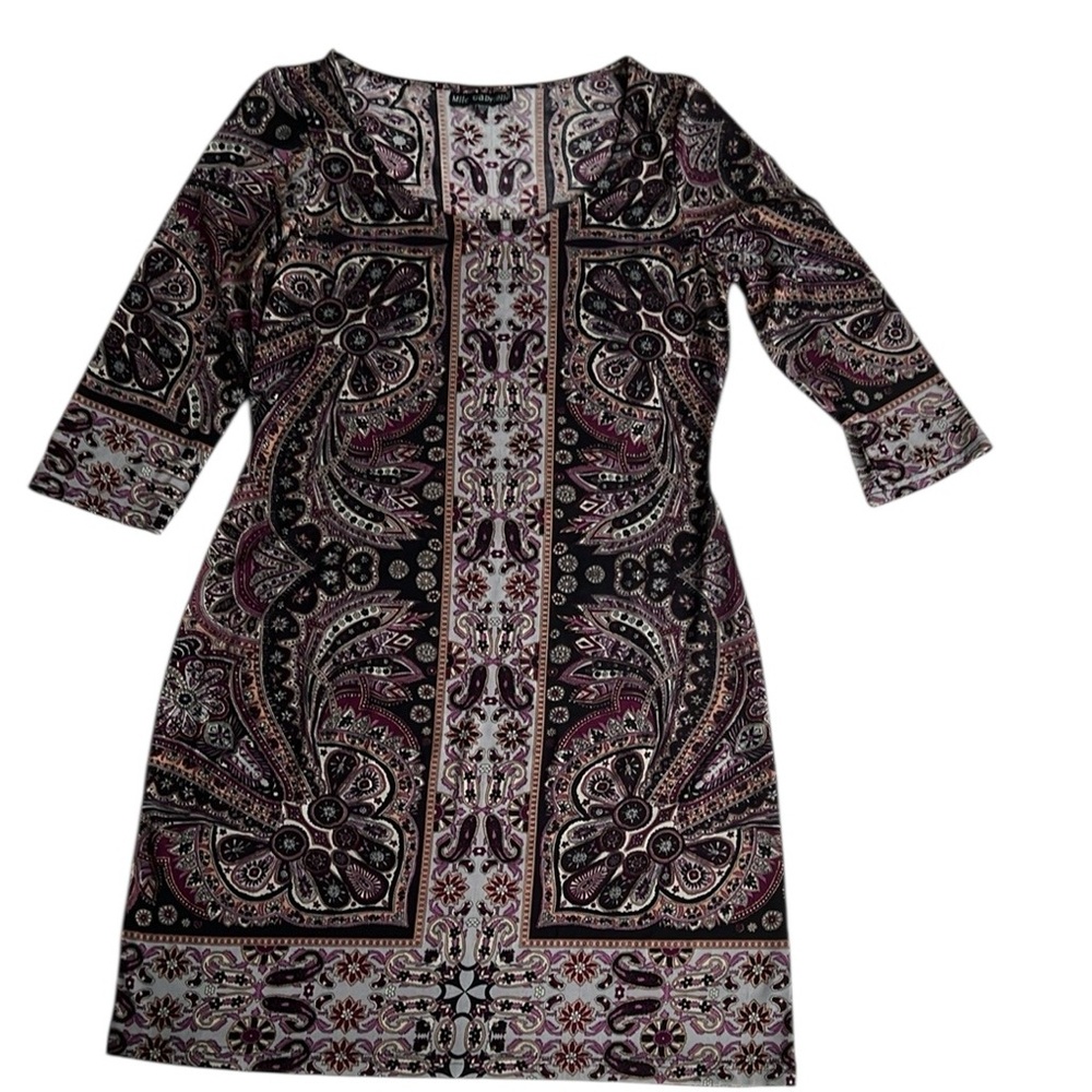 Round Neck 3/4 Sleeve Paisley Print Dress Size M